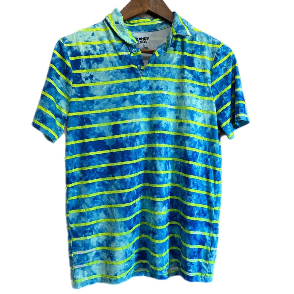 Lands End Polo Shirt Kids XL Blue Tie Dye Lime Green Striped Excellent Stretch
